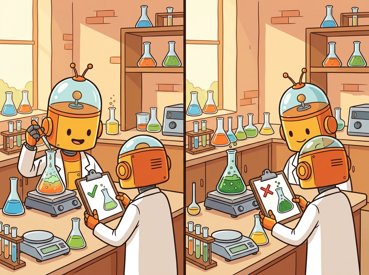 A cartoon scientist robot performing the same experiment in two identical side-by-side laboratory setups and comparing results on a clipboard, with one lab having a slight variation producing different results, illustrating the challenge of reproducibility.