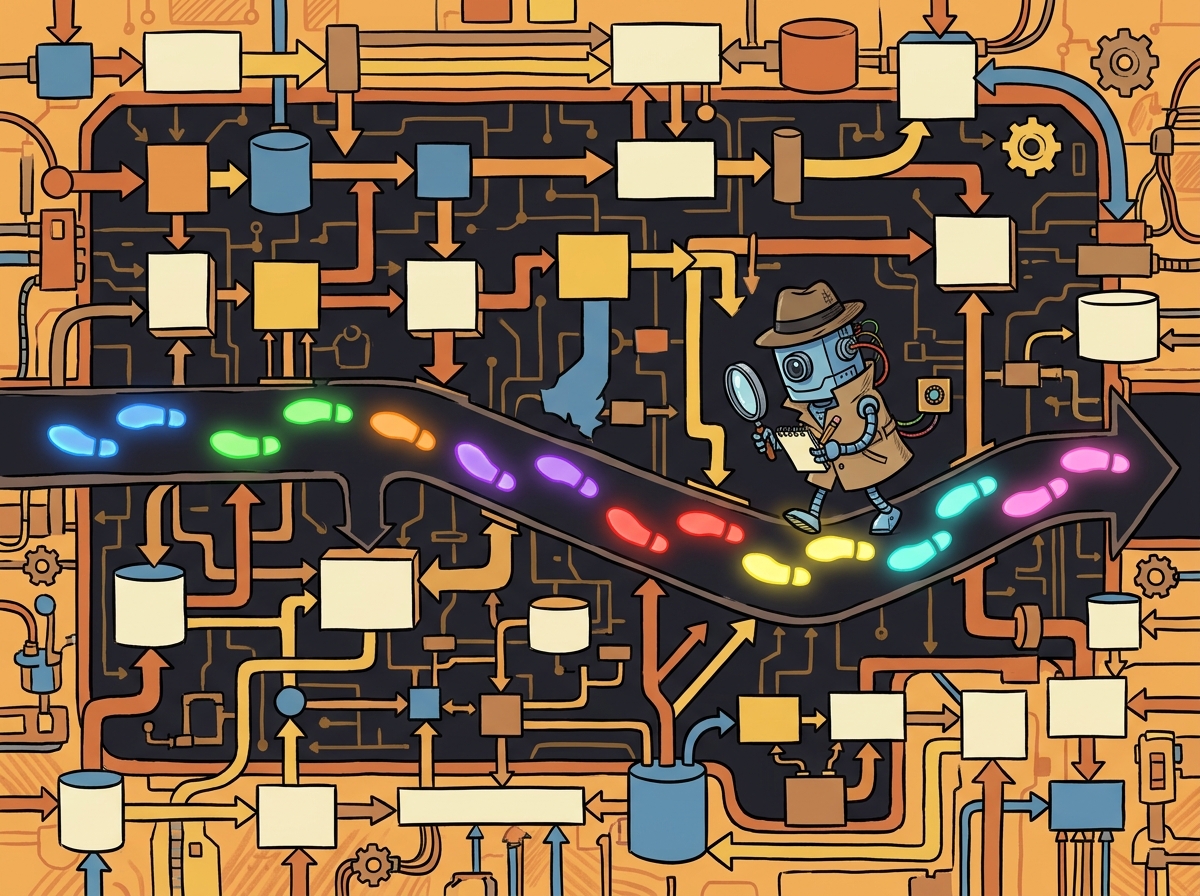 A cartoon detective robot following luminous footprints through a complex pipeline of interconnected boxes and arrows, with each footprint glowing a different color forming a trace through the system, while the detective holds a magnifying glass and takes notes.