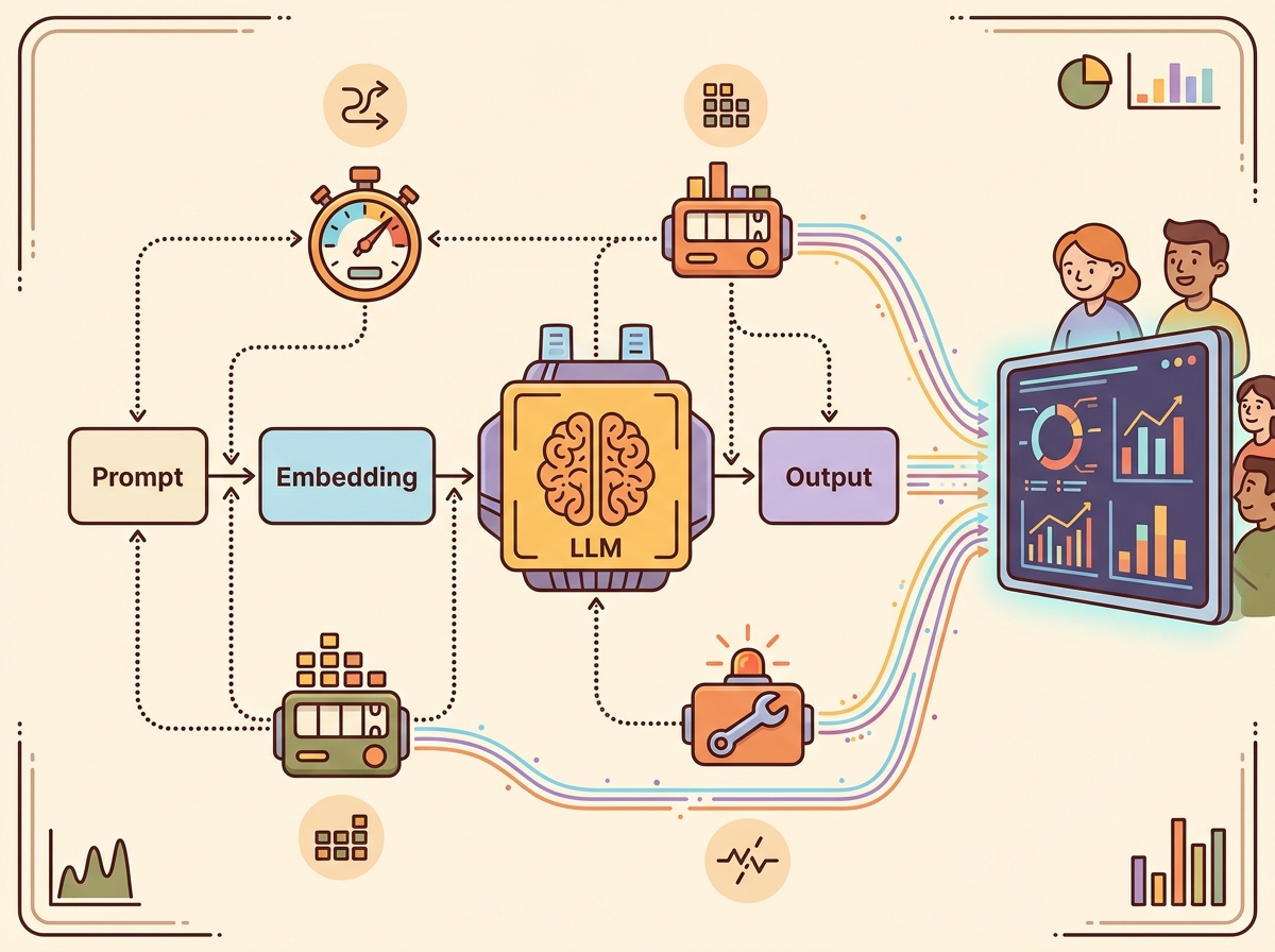 A cartoon network of connected sensors and instruments, each monitoring a different part of a running LLM pipeline, with sensors checking latency, token counts, and error rates, all feeding data to a central dashboard screen.