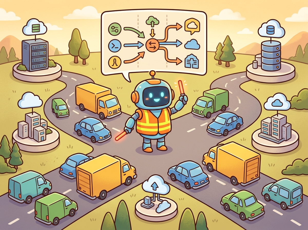 A cartoon traffic controller robot standing at a busy intersection, directing different types of requests shown as different sized and colored vehicles to different model endpoints shown as different roads, with a routing table floating nearby.