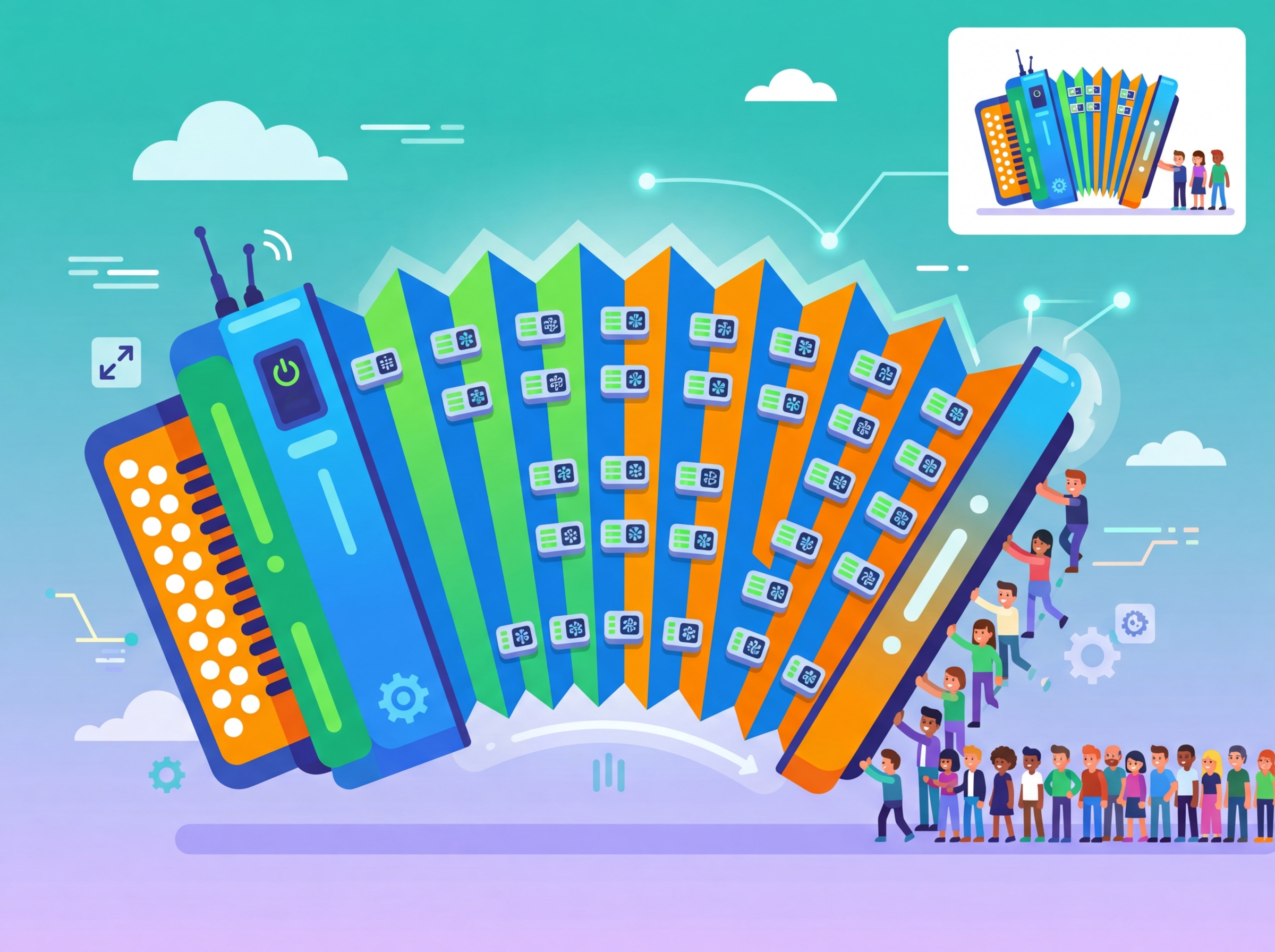 An accordion musical instrument expanding and contracting, representing auto-scaling GPU workers that expand under heavy traffic and contract when demand subsides