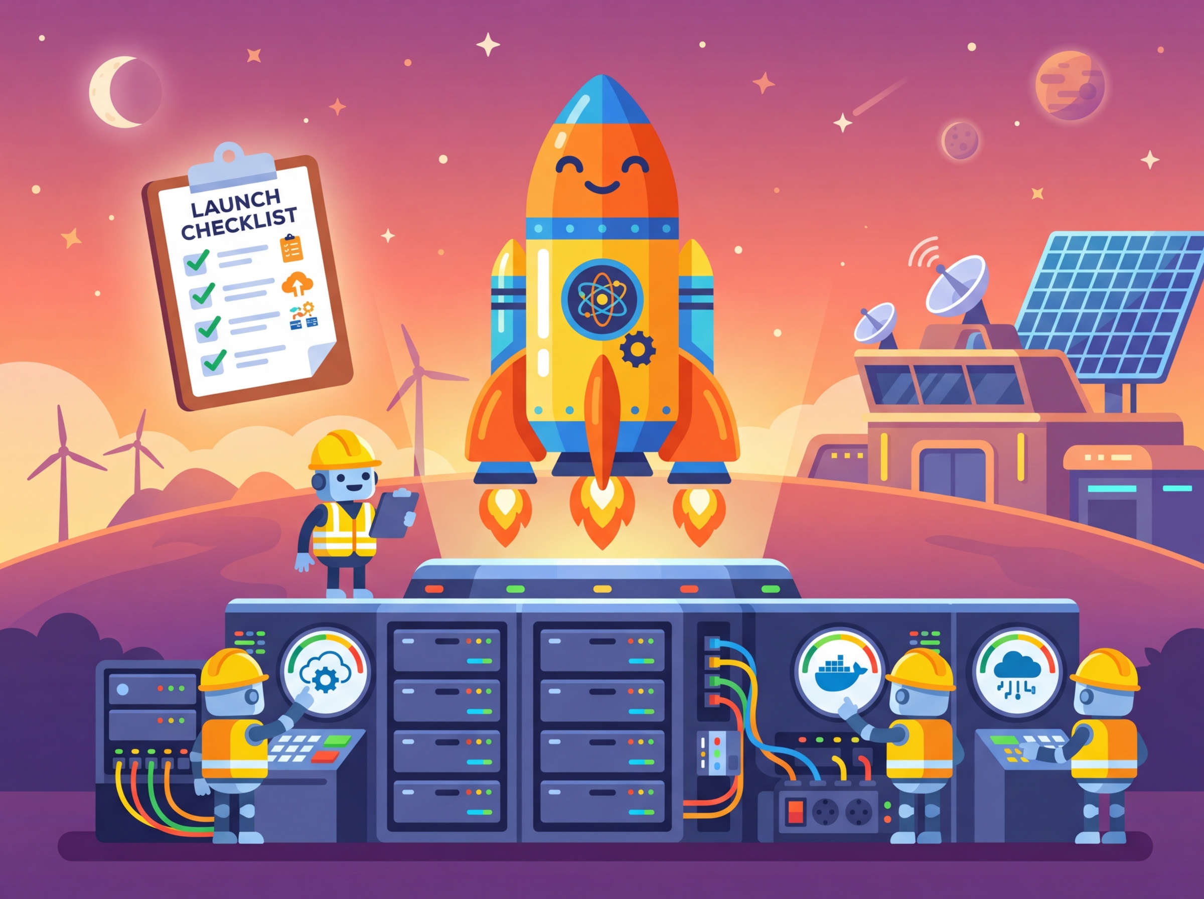 A rocket launching from a laptop screen, symbolizing an LLM application moving from local development to production deployment in the cloud