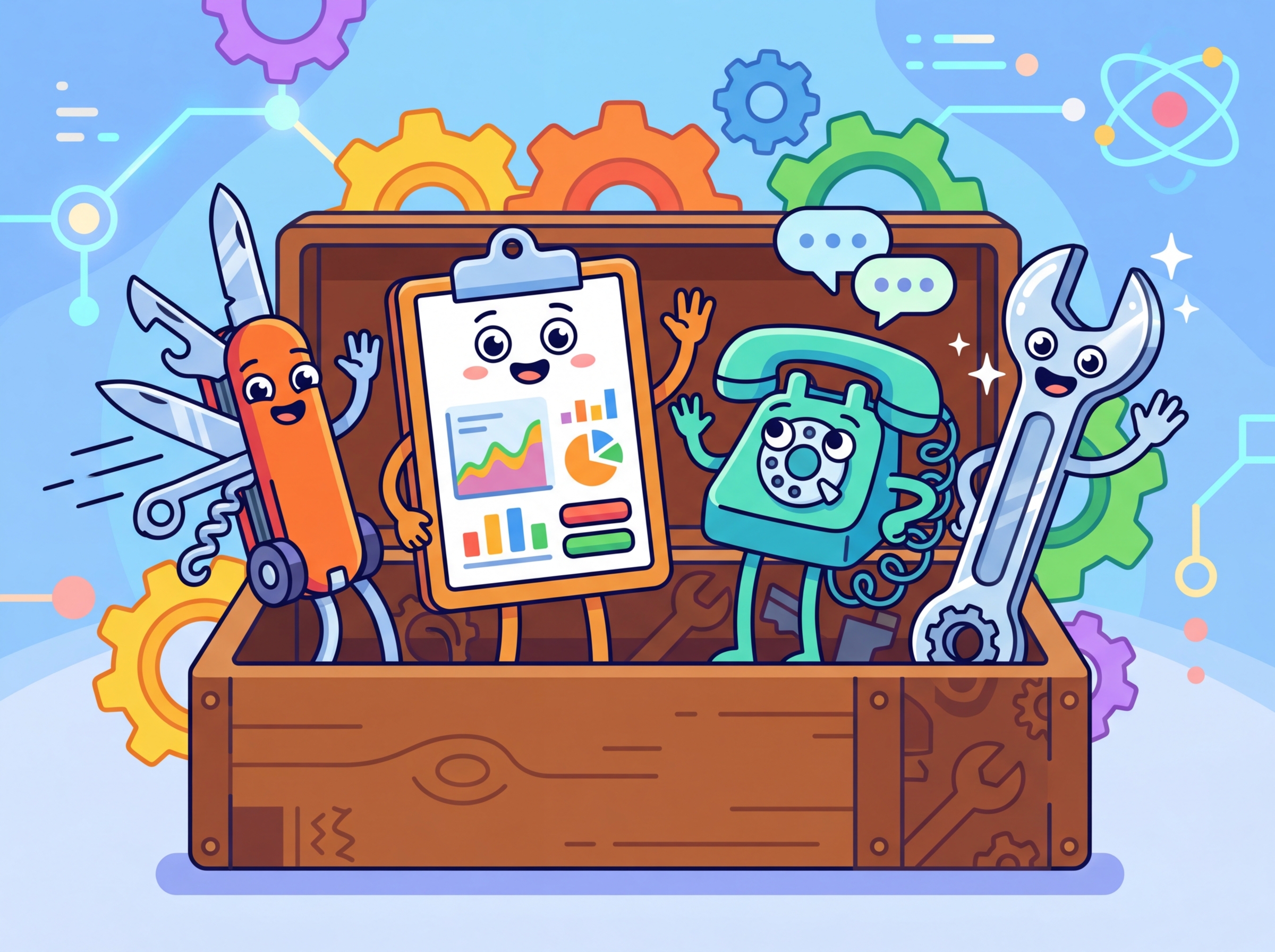 A toolbox containing different frontend framework tools (Gradio, Streamlit, Chainlit, Vercel AI SDK), each shaped to fit a specific task, illustrating how each framework excels in a different use case