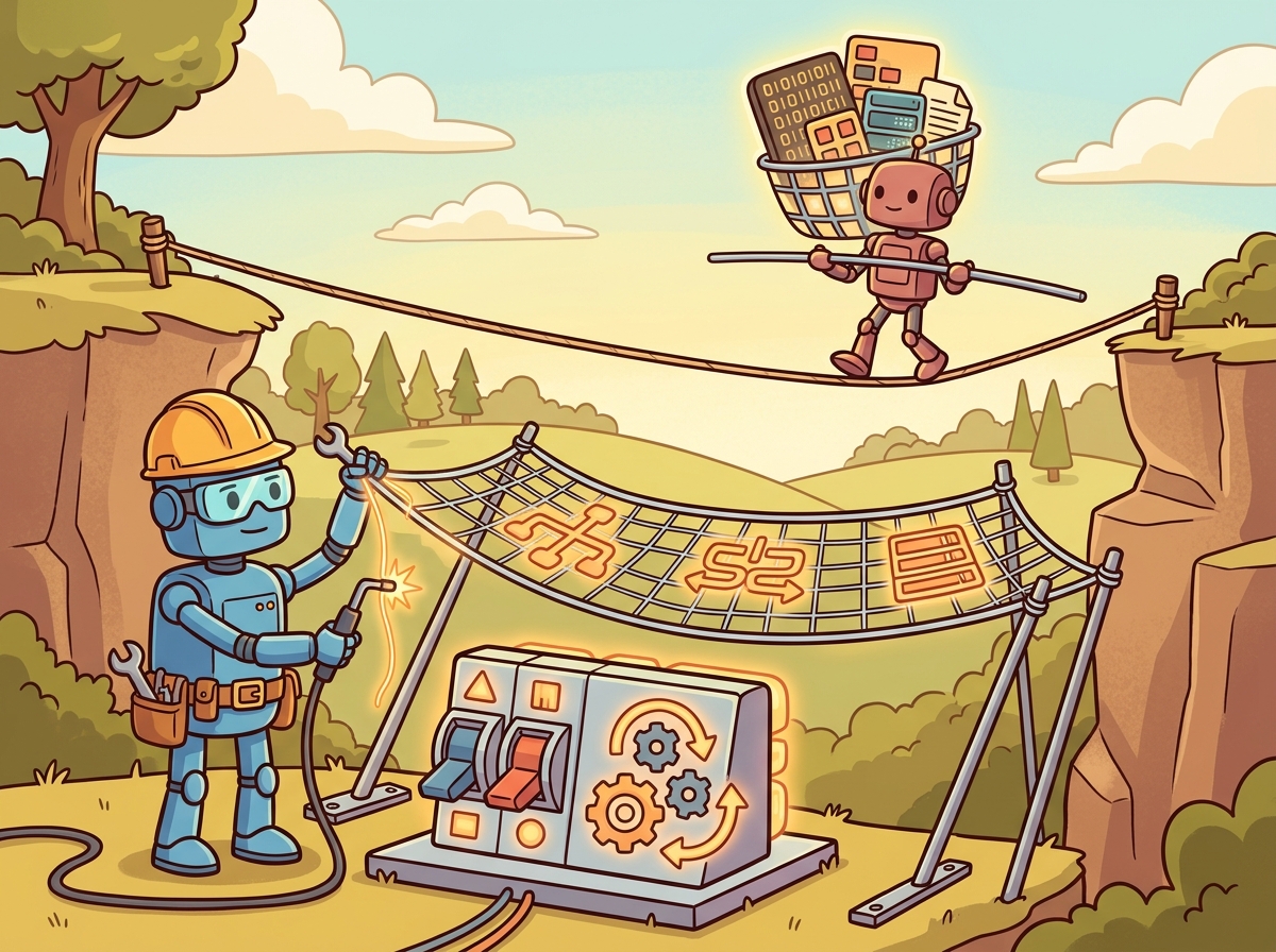 A cartoon robot engineer building a safety net underneath a tightrope while another robot carefully walks the tightrope carrying a production workload, with circuit breakers, fallback paths, and retry mechanisms shown as safety equipment around the scene.