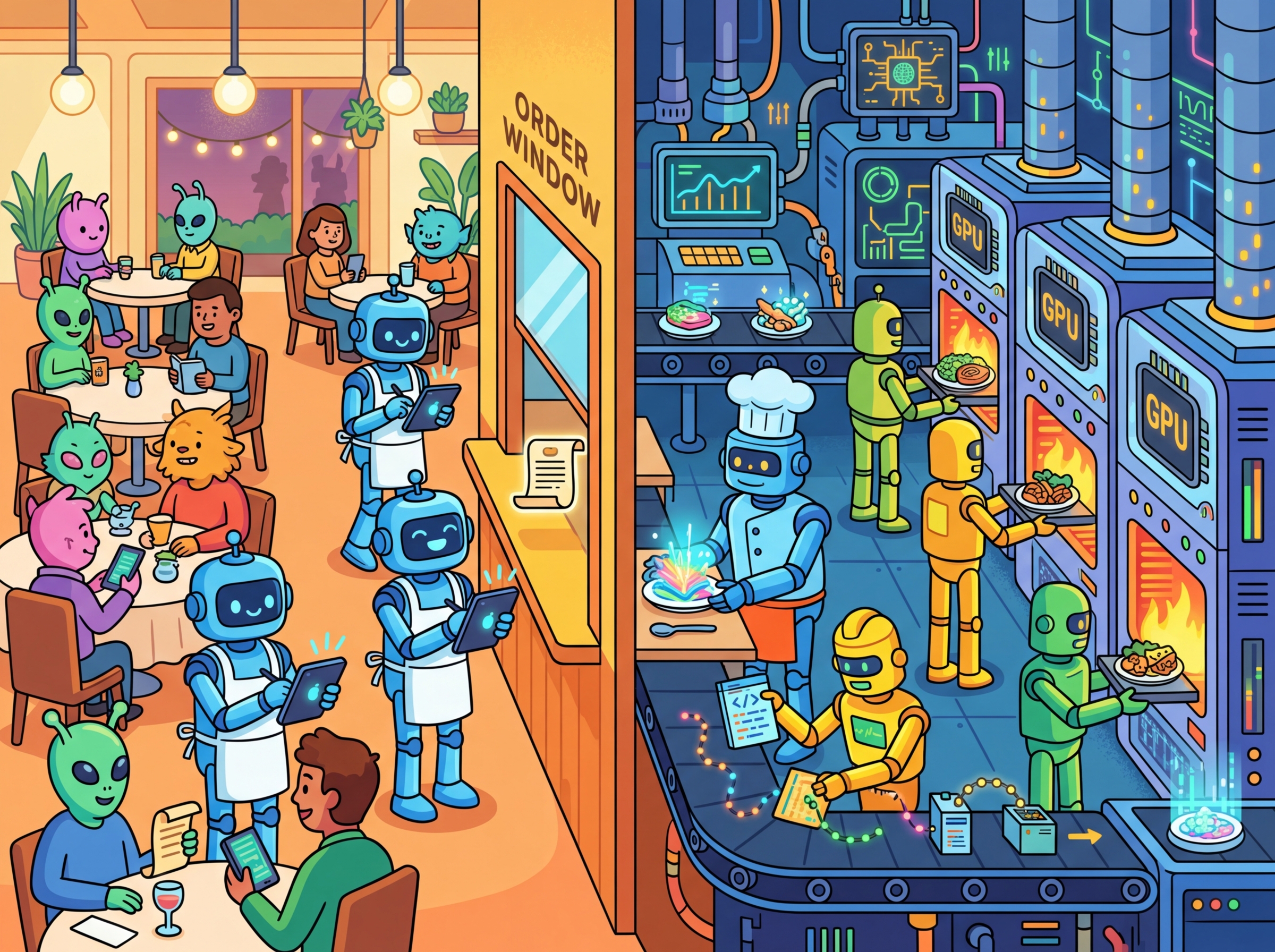 A restaurant split into front-of-house (API layer) and kitchen (model inference layer), with waiters passing orders through a service window, illustrating the three-layer LLM application architecture