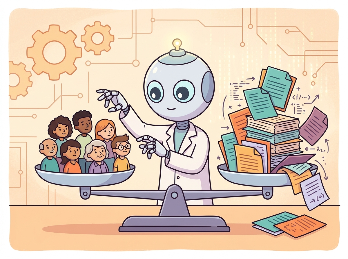A scientist robot carefully balancing a scale of justice, with diverse groups of cartoon people on one side and training data represented as colorful documents on the other, with some documents tilted or stacked unevenly to show how bias enters through unbalanced data.