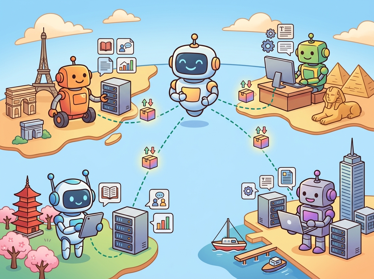 Multiple cartoon robots in different countries represented by small landmarks like the Eiffel Tower, pagoda, and pyramid, all connected by a network. Each robot trains on local data and sends small gradient packages to a central coordinator robot, illustrating federated learning.