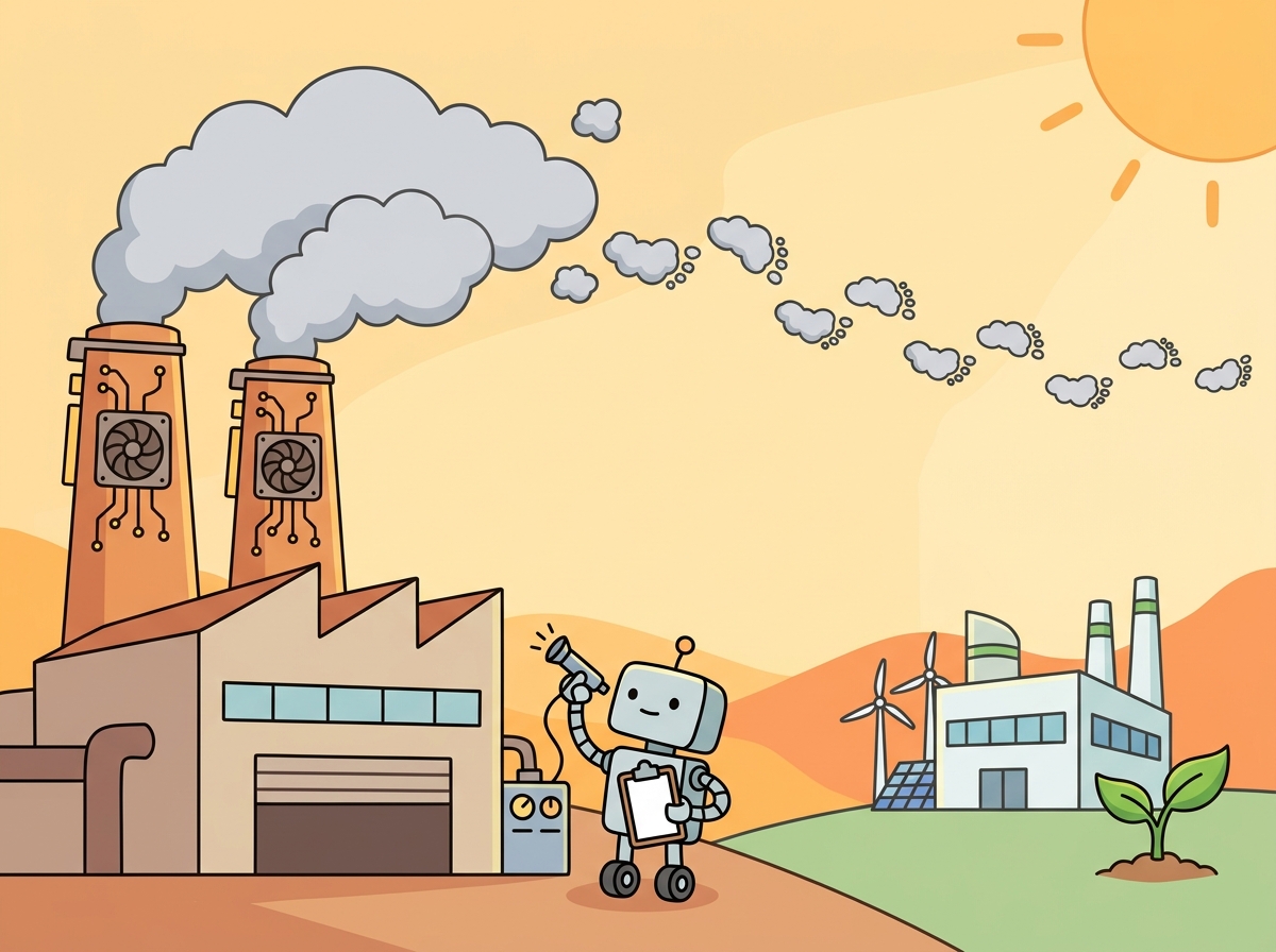 A large factory with smokestacks shaped like GPU chips producing cloud-shaped carbon footprints, while a scientist robot measures the emissions. In the background, a smaller energy-efficient factory sits next to a growing green plant, representing the green AI alternative.