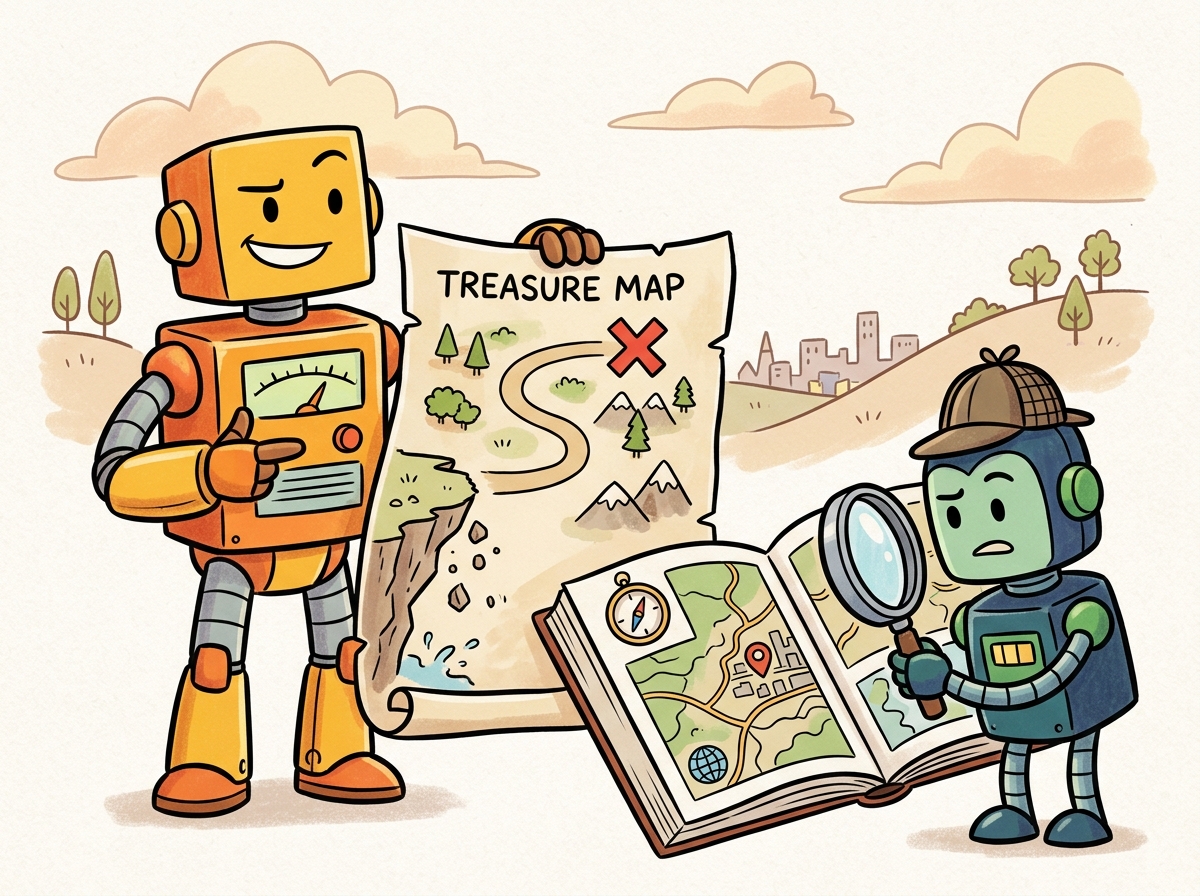 A cartoon robot confidently presenting a treasure map that leads to an obviously wrong location off a cliff, while a small detective robot with a magnifying glass fact-checks the map against a real atlas, illustrating the tension between model confidence and factual accuracy.