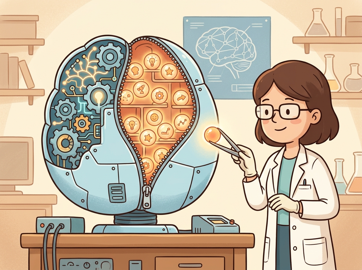 A robot brain with a zipper being opened, with a scientist carefully removing specific glowing memory orbs using tweezers while other memories remain safely in place, representing the concept of selective knowledge removal from neural networks.