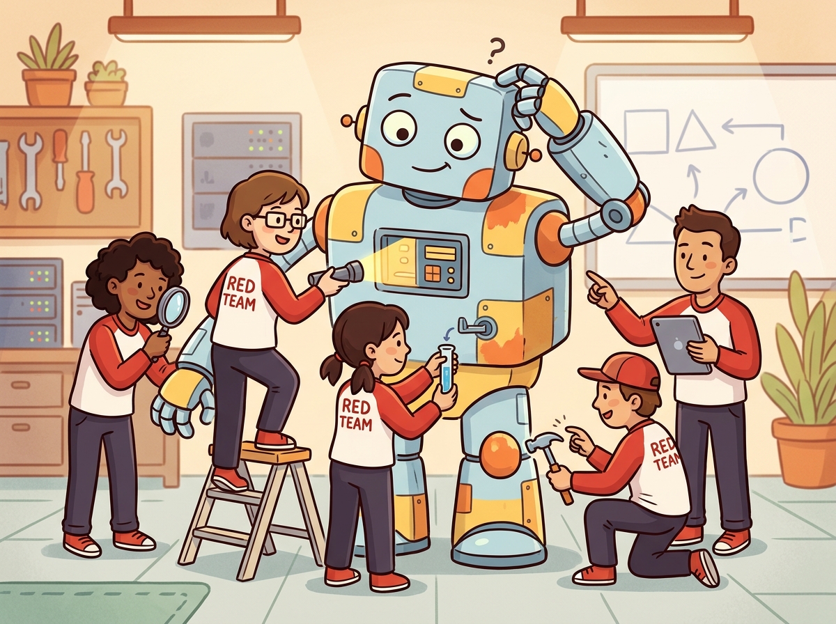 A team of friendly cartoon hackers wearing red team jerseys, poking and prodding at a large cooperative robot with magnifying glasses, flashlights, and test tubes, searching for vulnerabilities in a warm, educational cartoon style.
