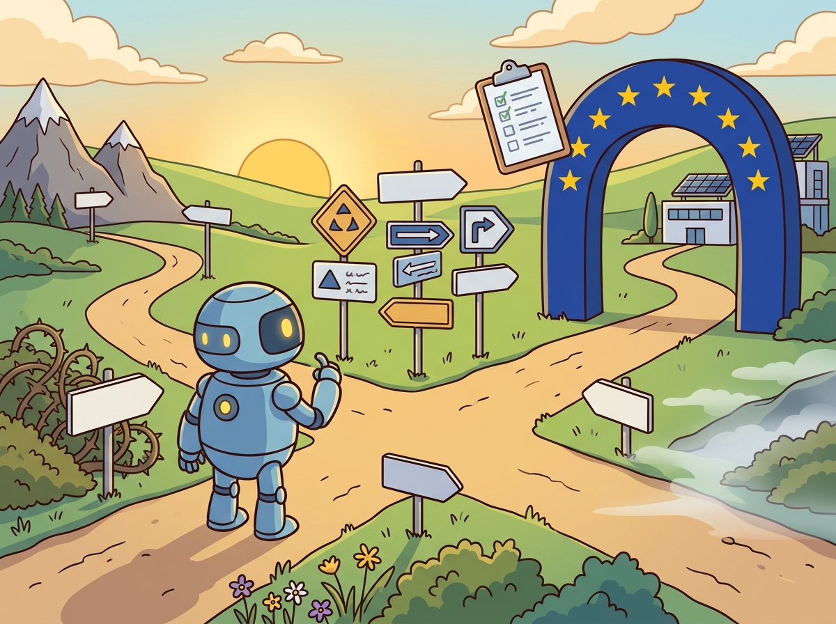 A cartoon robot standing at a crossroads with multiple road signs pointing in different directions representing different regulatory frameworks, with a large EU flag archway leading down one road and a checklist clipboard hovering nearby.