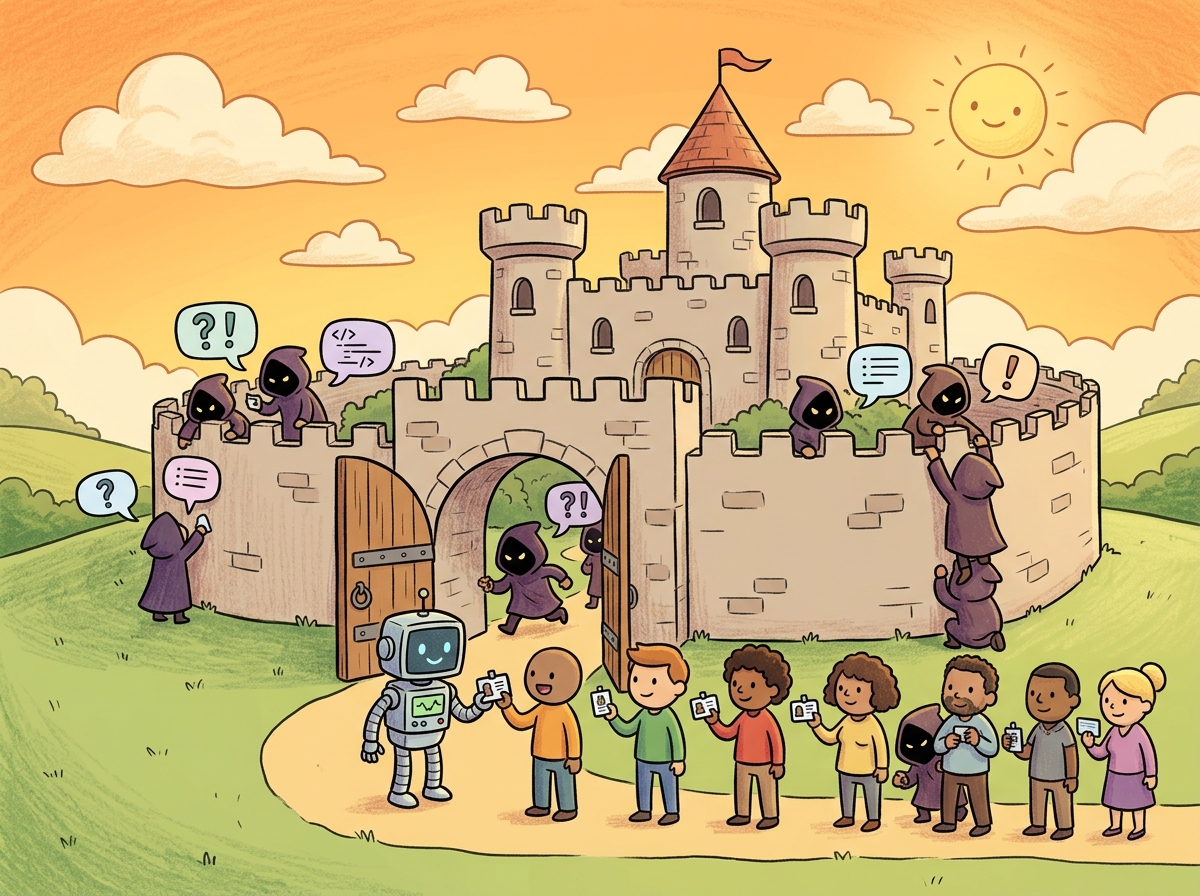 A cartoon castle under siege, with small hooded figures representing prompt injection attacks sneaking past the gates while a robot guard checks badges at the entrance. Some attackers disguise themselves as normal messages to bypass security layers.