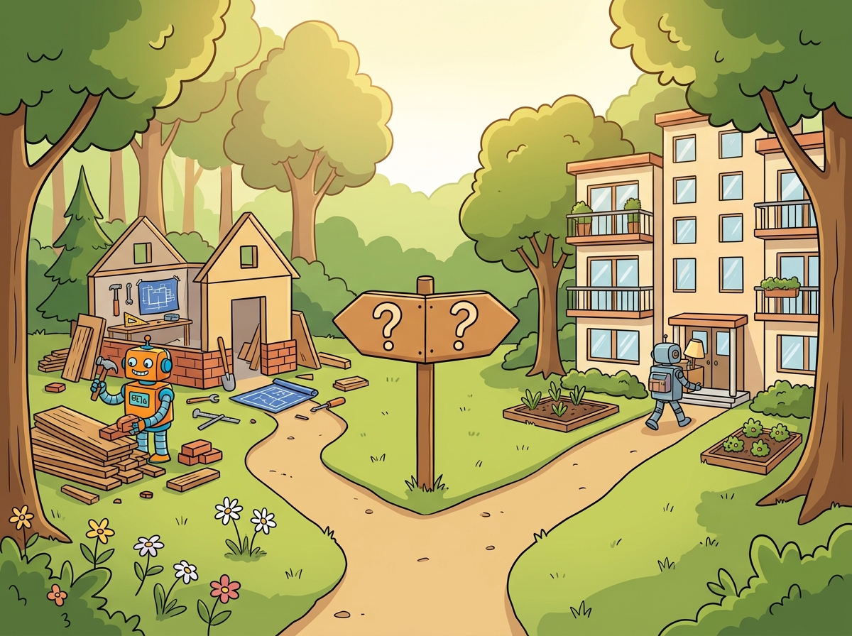 Two paths diverging in a forest, one leading to a robot building its own house from scratch representing the build option, and the other leading to a robot moving into a pre-built apartment complex representing the buy option, with question marks at the fork in the road.