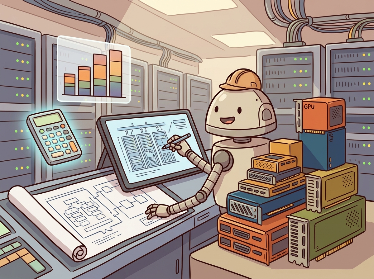 A friendly robot architect examining blueprints of a server room, with GPU cards stacked like building blocks of different sizes and colors, and a calculator and cost comparison chart hovering nearby, conveying the concept of infrastructure planning for LLM workloads.