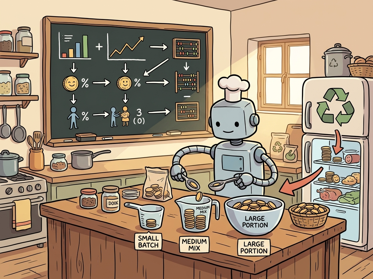 A cartoon robot chef in a kitchen carefully portioning token ingredients into measuring cups of different sizes, with a recipe showing cost optimization and a refrigerator with a recycling symbol representing semantic caching, illustrating economic design of LLM systems.