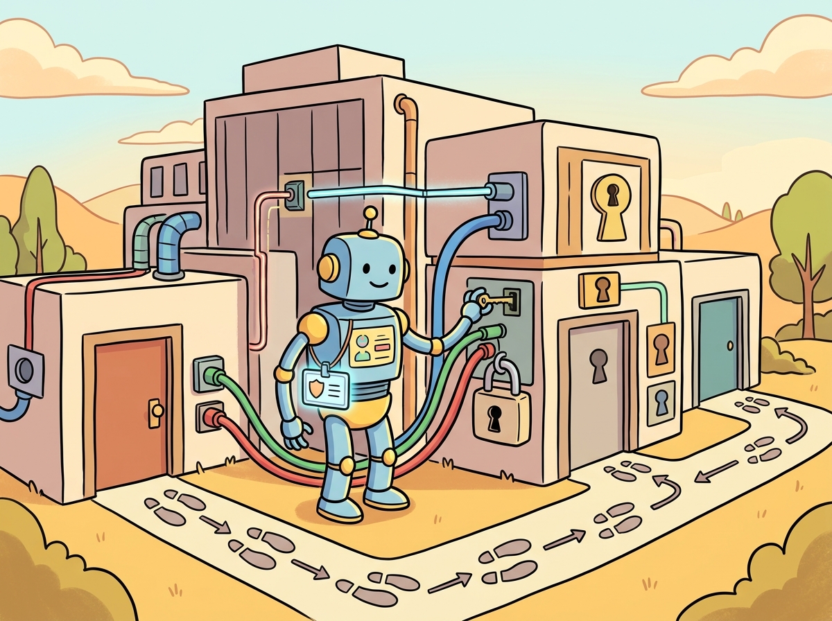A large enterprise building with many doors and keyholes, with a friendly robot carefully connecting different colored pipes and wires between building systems, with an identity badge, a lock, and audit trail footprints visible, illustrating enterprise integration patterns.