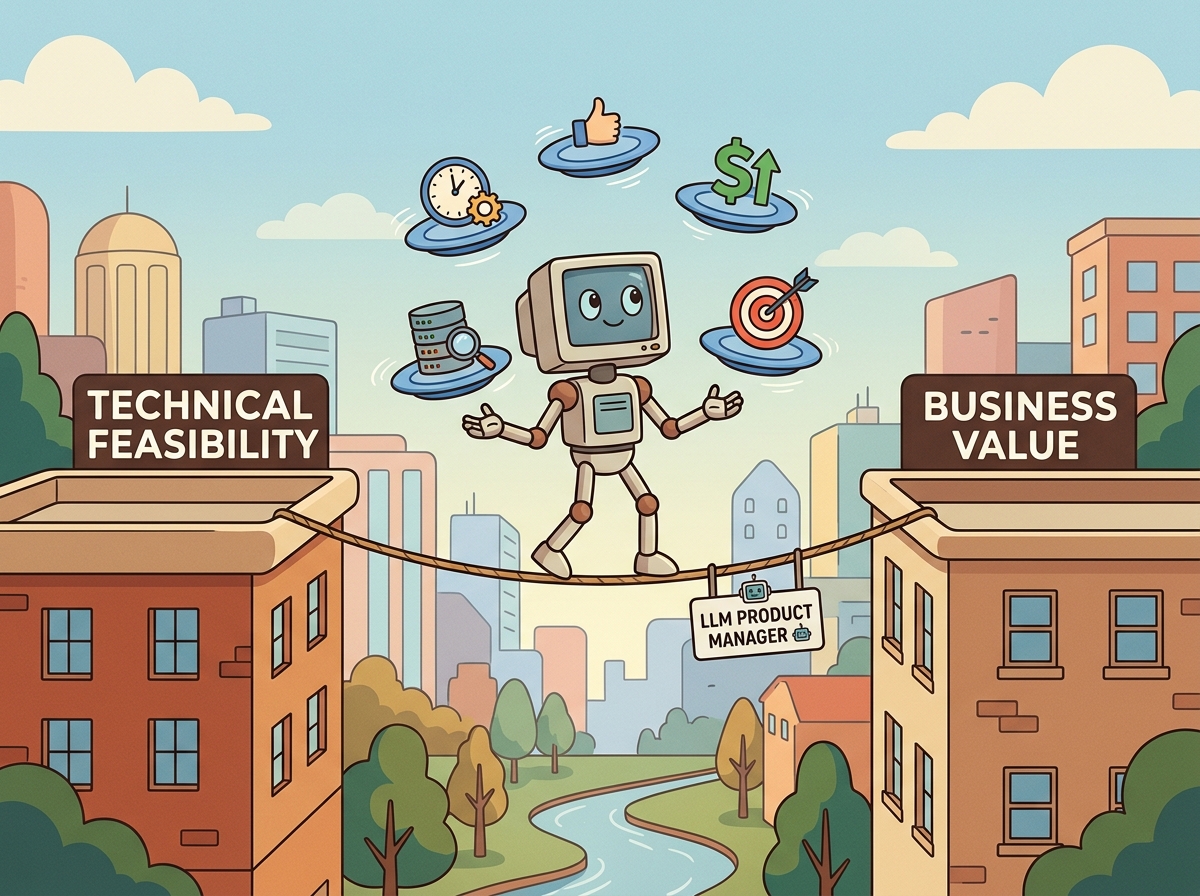 A product manager robot juggling multiple spinning plates representing different metrics like time, quality, cost, and accuracy, while standing on a tightrope between buildings representing technical feasibility and business value.