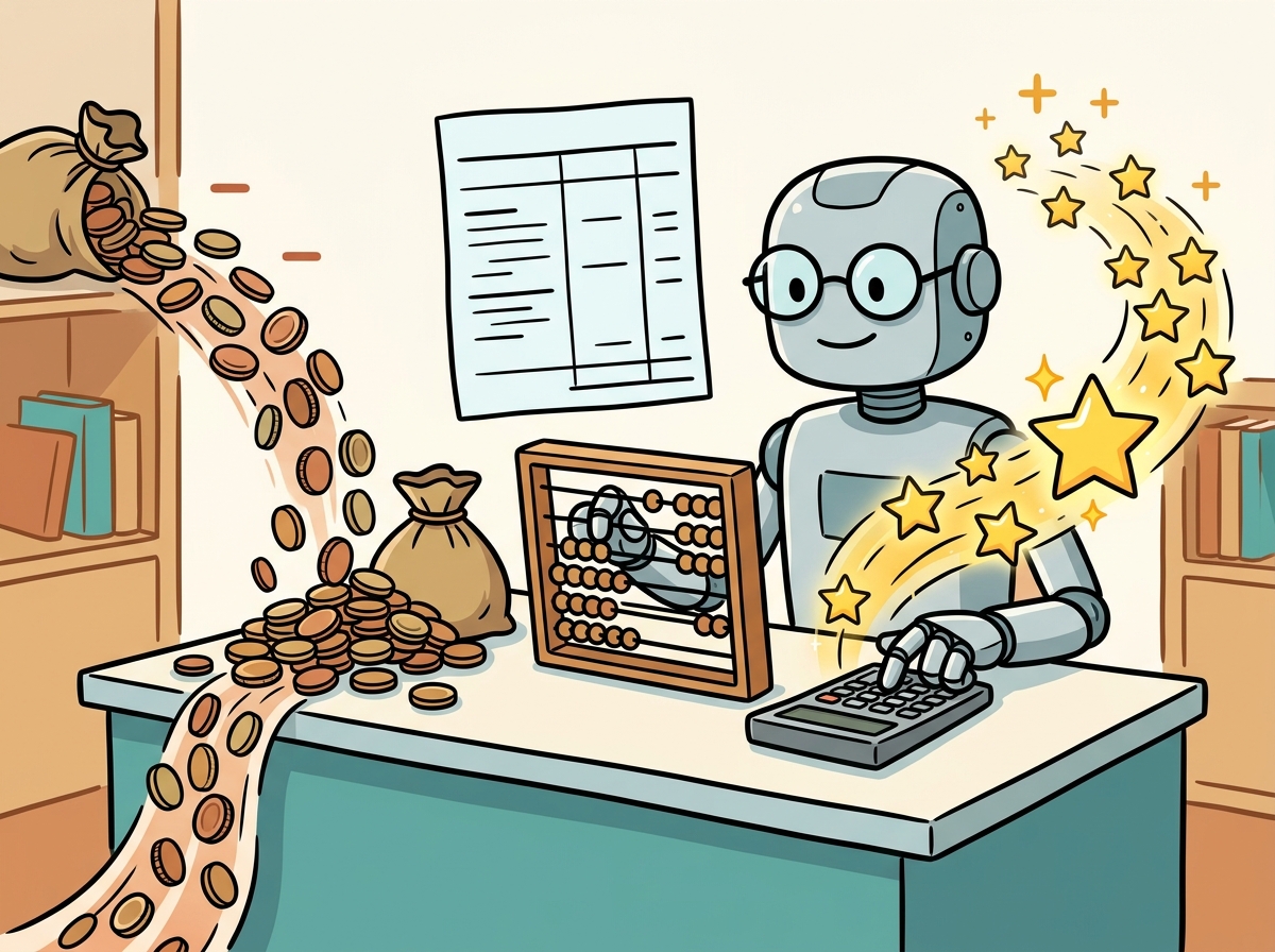 A cartoon accountant robot with glasses using an abacus and calculator simultaneously, with coins flowing out on the cost side and golden stars flowing in on the value side, with a balance sheet floating between them to illustrate ROI measurement.