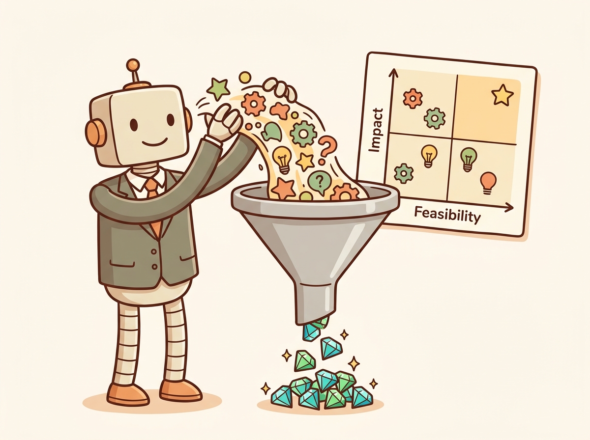 A cartoon executive robot pouring many colorful use case ideas into a large funnel at the top, with only a few polished gems emerging at the bottom, illustrating how strategic prioritization filters ideas down to high-value projects.