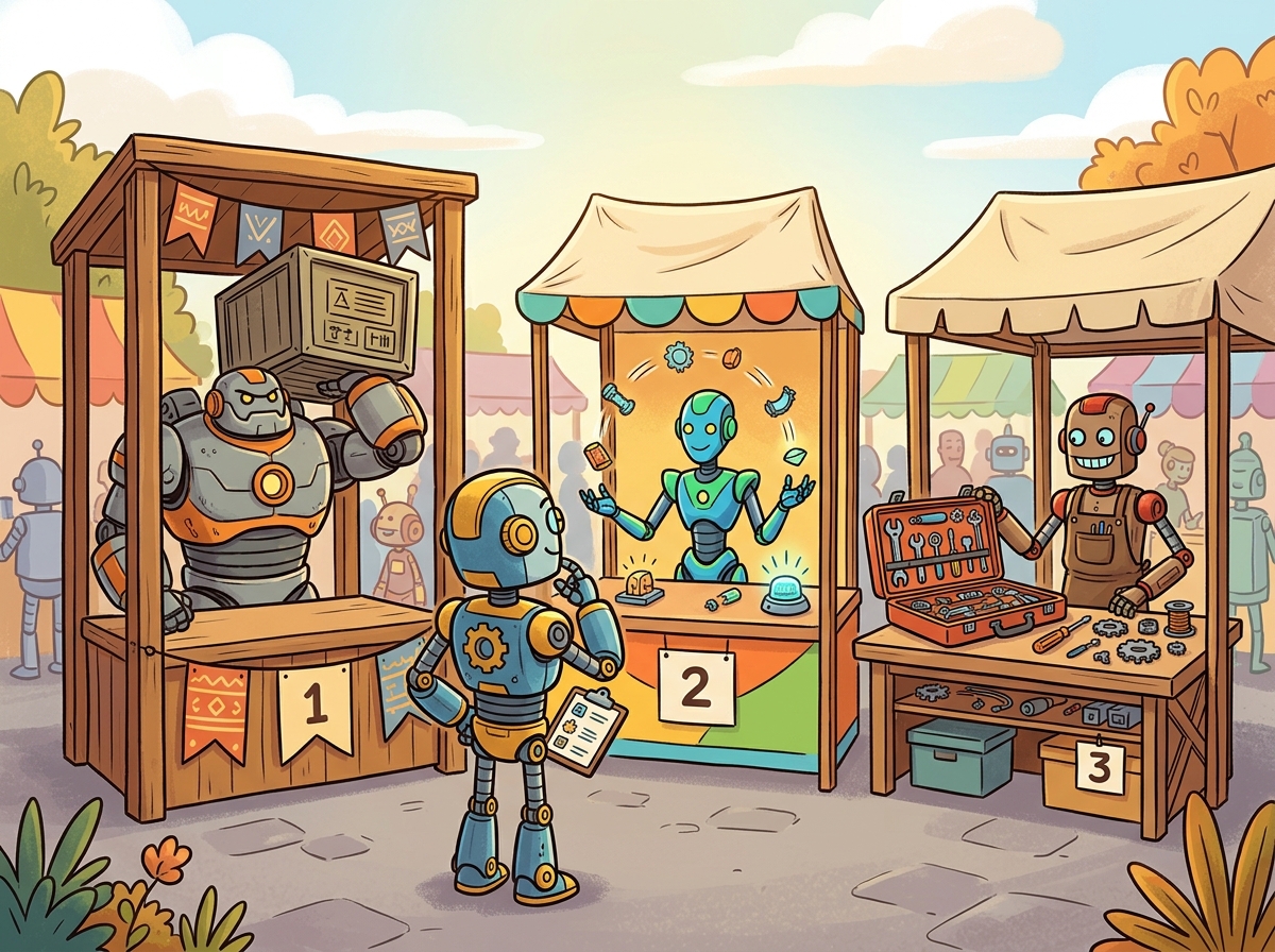 A cartoon robot buyer at a market stall comparing three vendor booths side by side, each with a different style robot vendor showing their wares, one with a large powerful model, one with a fast lightweight model, and one with a toolkit, while the buyer scratches its chin thoughtfully.