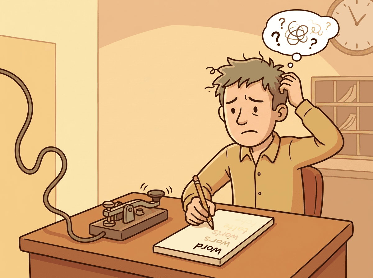 A confused telegraph operator at a desk, trying to remember a long message while writing it down one word at a time, representing how RNNs process sequences sequentially