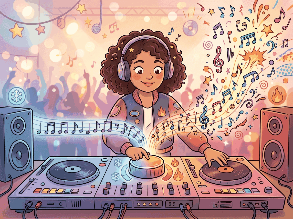 A DJ at a mixing console with a large temperature dial, where low settings produce orderly musical notes and high settings produce wild, chaotic sound waves