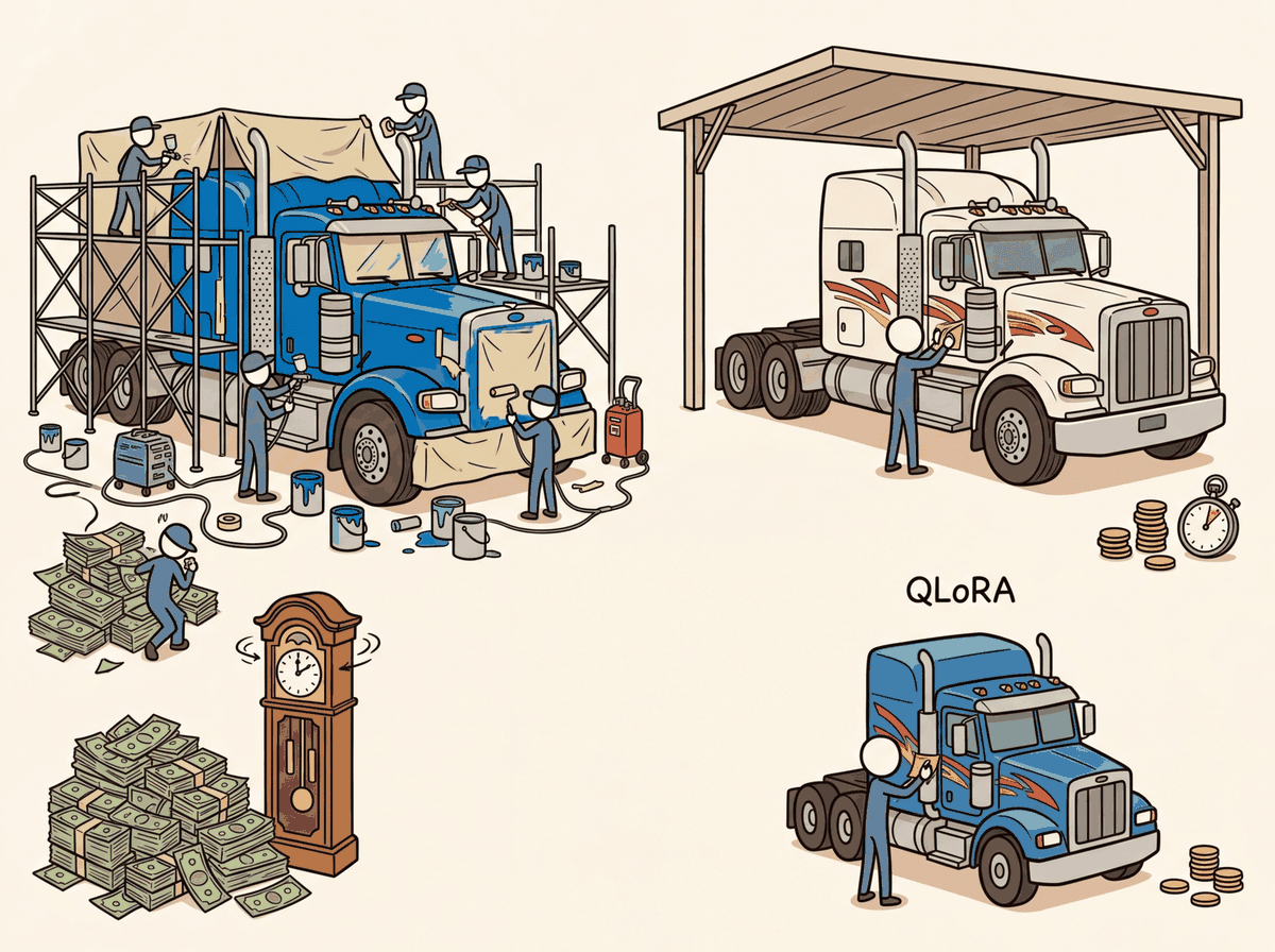 A delivery truck with custom decals representing QLoRA's quantized base model with low-rank adapters