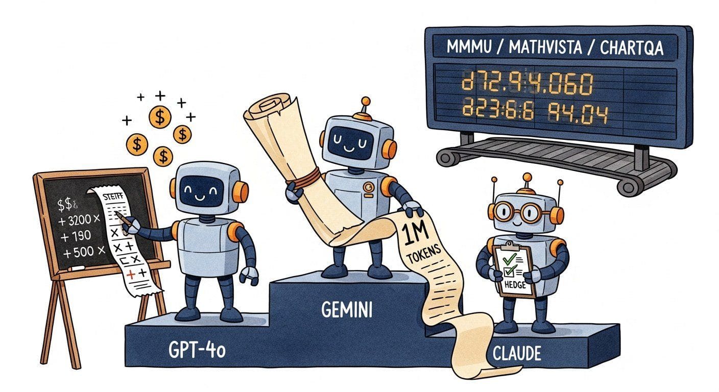 Three cartoon vision-language model robots standing on slightly different podiums in front of a treadmill leaderboard, comparing scores across benchmarks