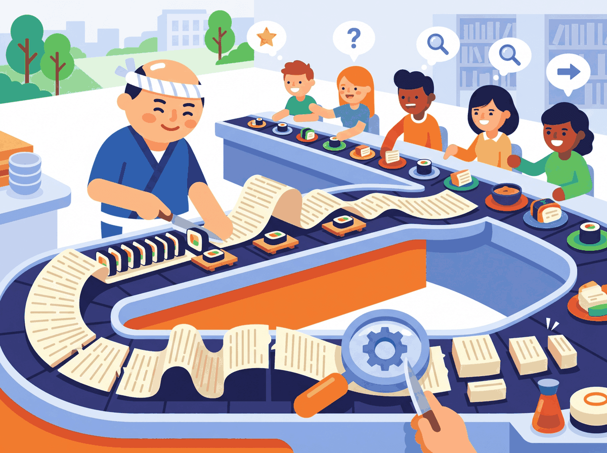 A sushi chef carefully cutting fish into precise pieces, representing semantic chunking that respects natural boundaries
