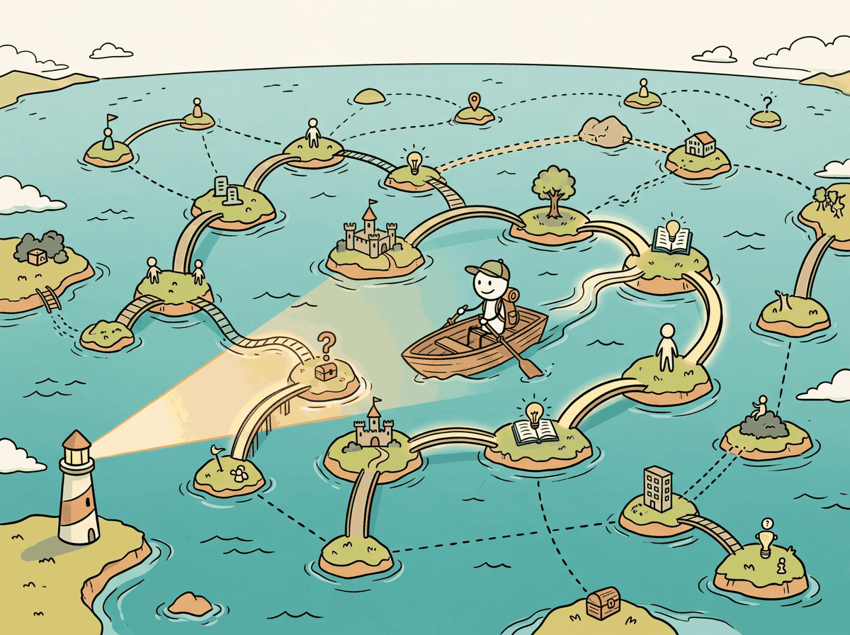 Islands connected by bridges representing entities linked by relationships in a knowledge graph